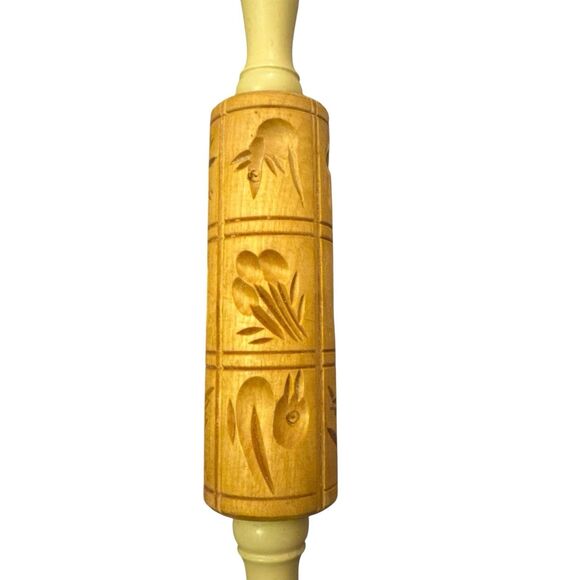 Birds Vintage Embossed Wood Rolling Pin Dough Roller Cookies 14" Engraved owl - Picture 2 of 6
